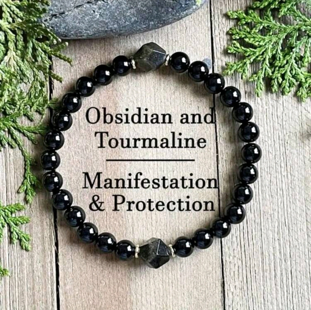 Obsidian and Tourmaline gemstone bracelet