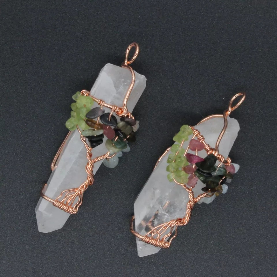 Large Gemstone "Tree of Life" wrapped Quartz Pendant.