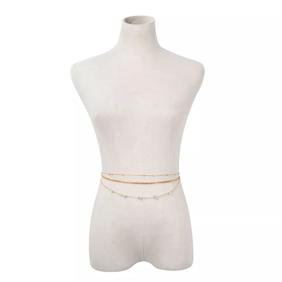 Adjustable Gold Waistbeads set w/ Aquamarine