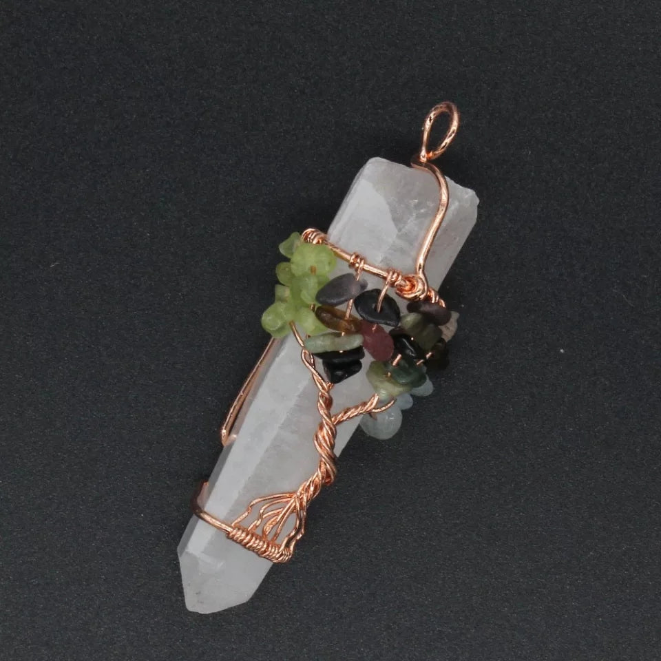 Large Gemstone "Tree of Life" wrapped Quartz Pendant.
