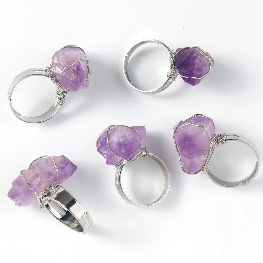 Silver Wrapped Adjustable Gemstone Rings.