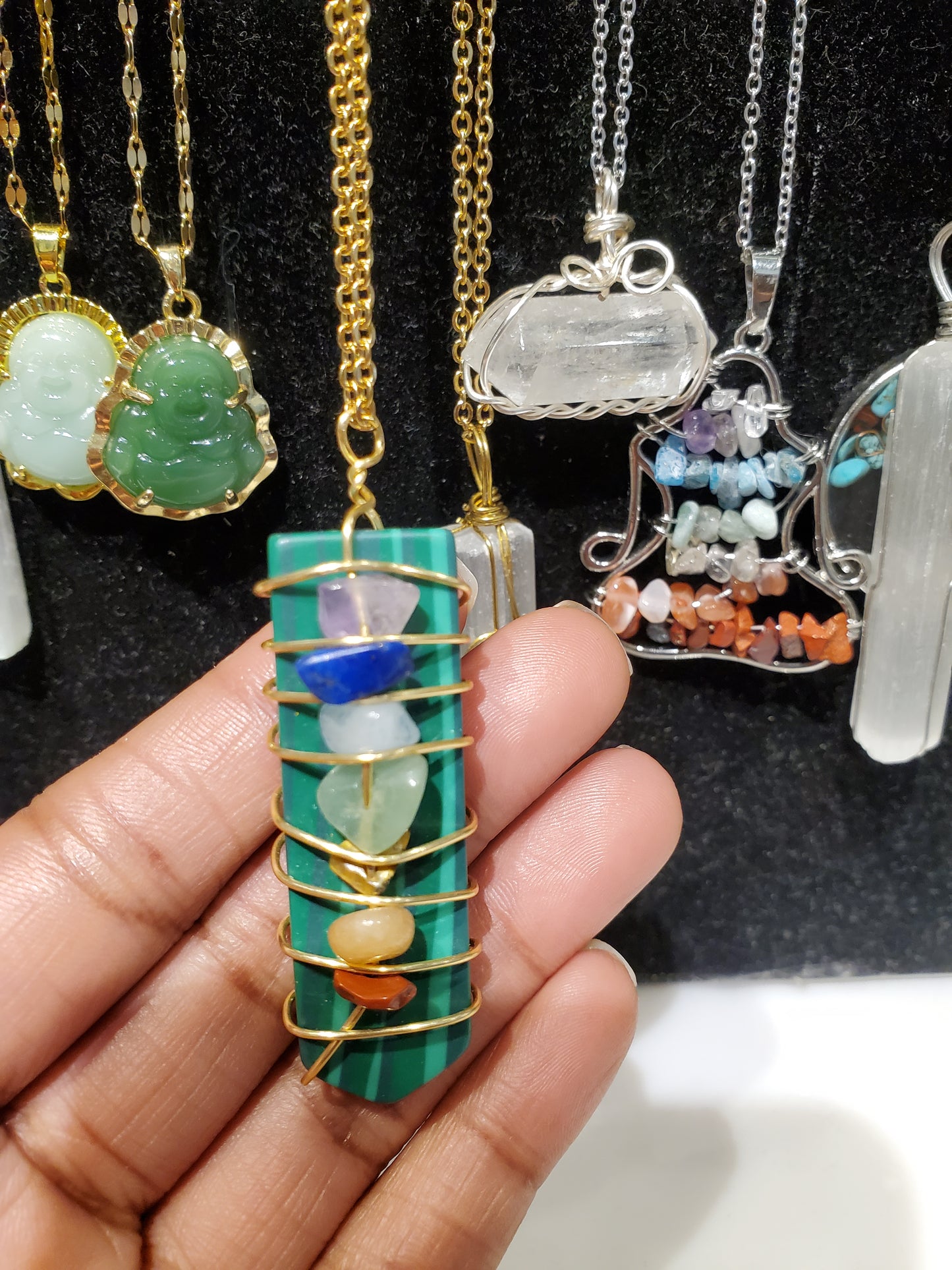 7 Chakra wrapped Malachite necklace.