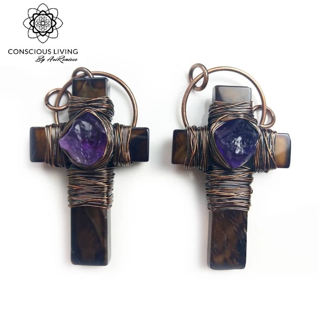Amethyst Wrapped Agate Cross Pendant