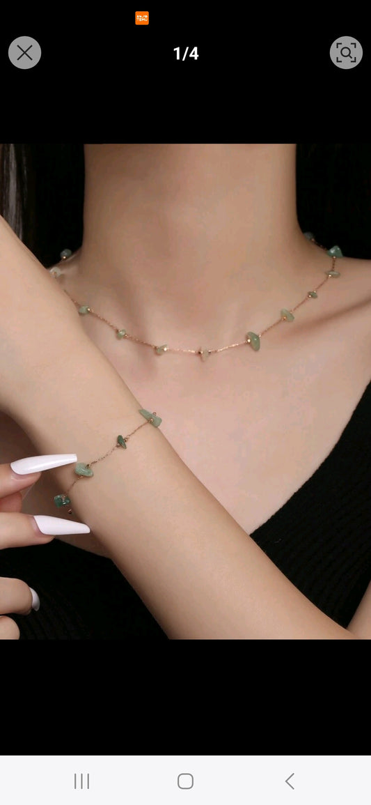 Dainty gold 2pc green adventurine necklace and bracelet set