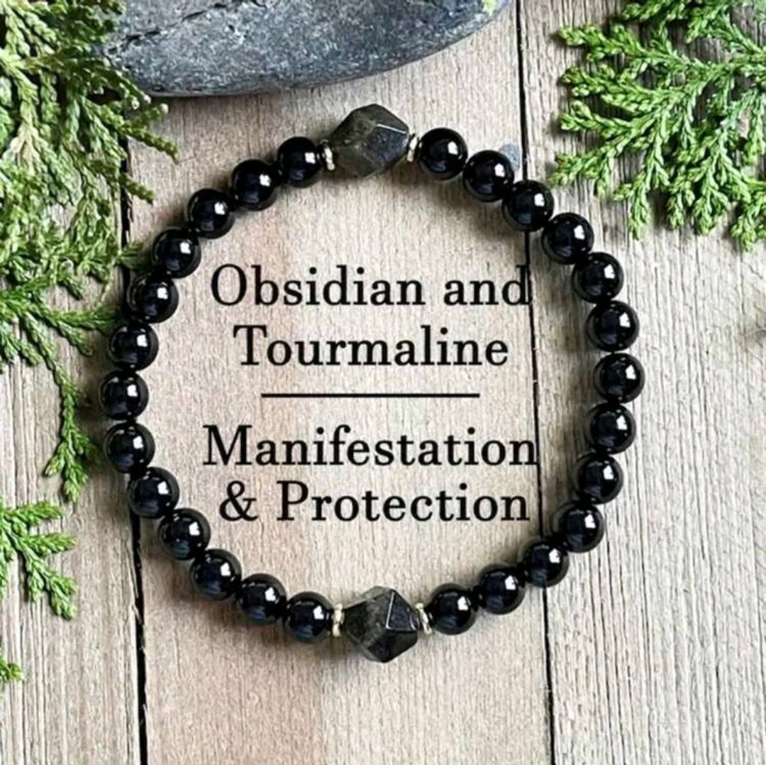 Obsidian and Tourmaline  gemstone bracelet