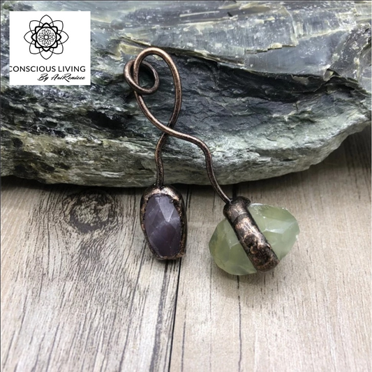 Copper 2 Stone Swirl Necklace Pendant. Amethyst × Jade natural gemstones. 👁❤💫