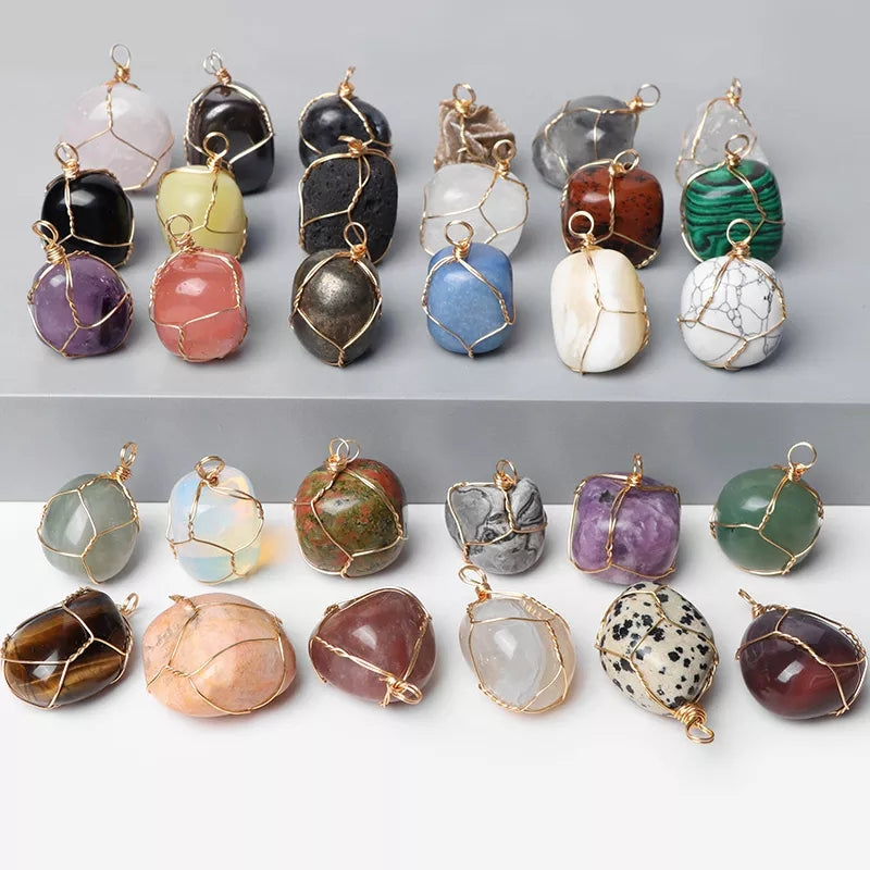 Wrapped Tumbled Gemstone Necklace Pendants