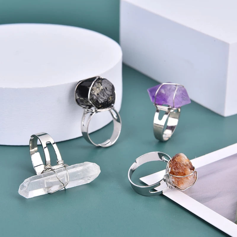 Silver Wrapped Adjustable Gemstone Rings.