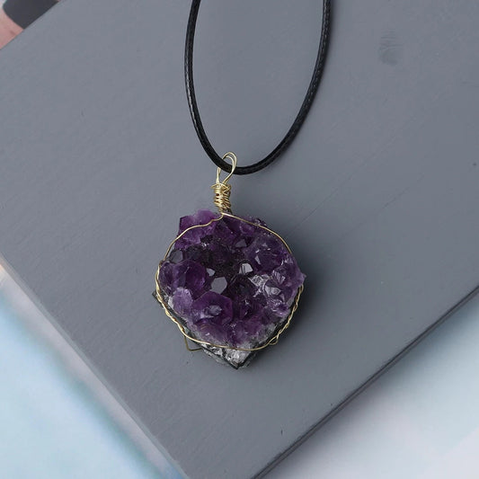 Raw Amethyst cluster wrapped necklace